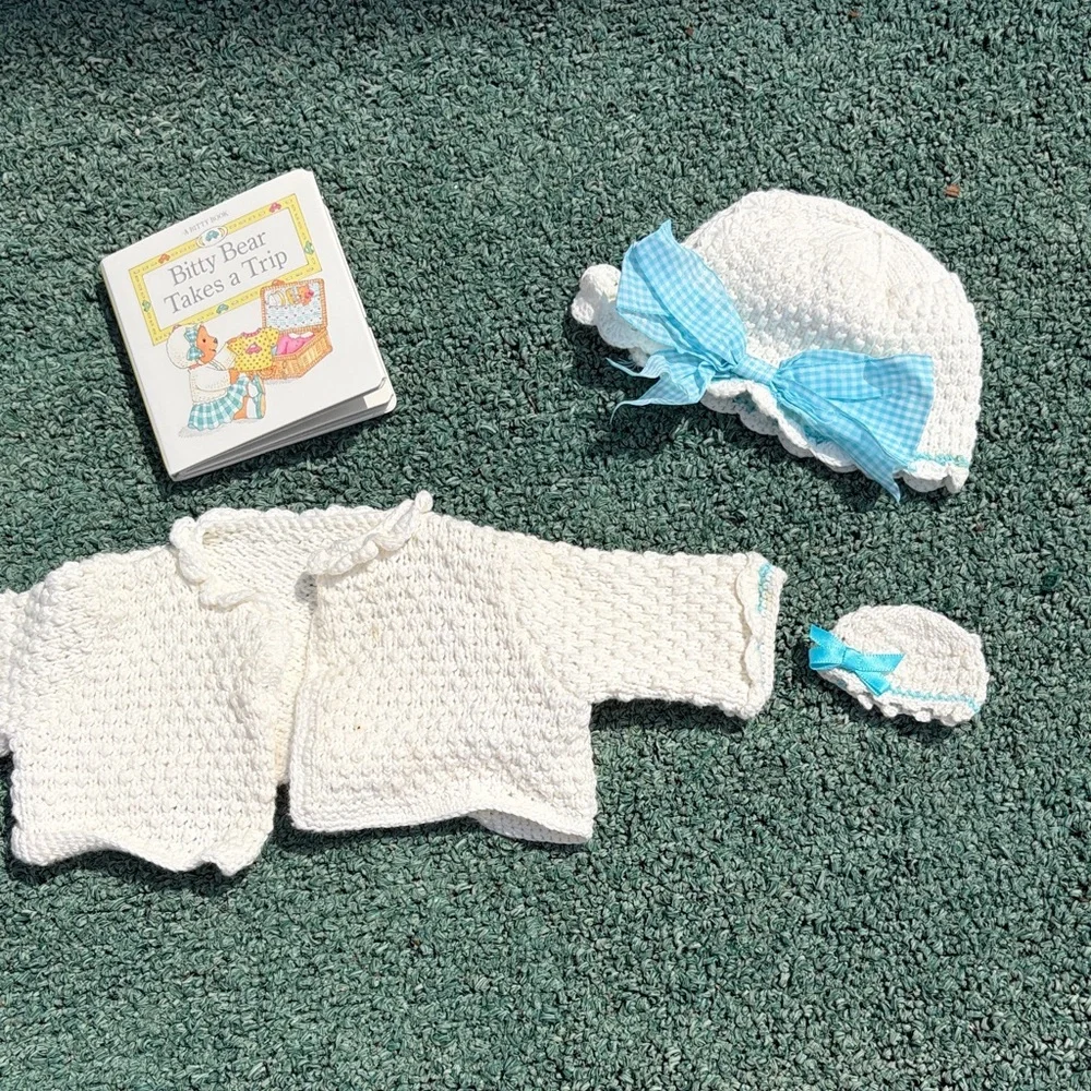 American Girl White Crochet Doll Cardigan and Hats with Blue Bows